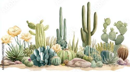 Cactus garden in desert, variety of species, watercolor style