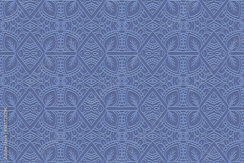 Blue background, tribal design cover, banner. Geometric artistic 3D pattern, embossing. Ethnic vintage ornaments, arabesques, mandala of the East, Asia, India, Mexico, Aztec, Peru in handmade style.