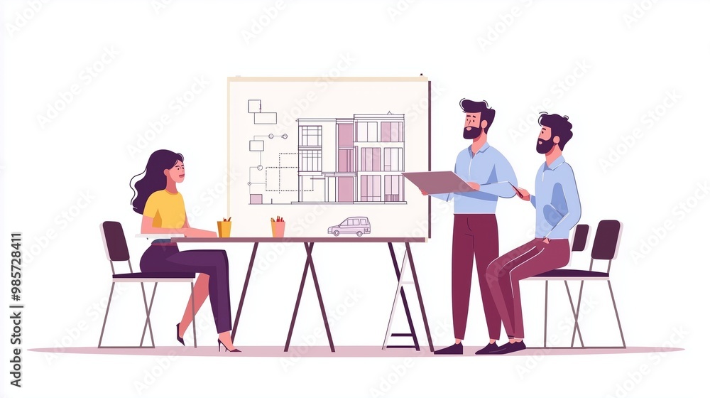 Man Architect Showing Drawing Building on Board to Businesspeople Engineers Group. Team Planning Project and Doing Presentation on Meeting. House Layout. Male and Female Characters Sitting at Table. Man Architect Showing Drawing Building on Board to Businesspeople Engineers Group. Team Planning Project and Doing Presentation on Meeting. House Layout. Male and Female Characters Sitting at Table.
