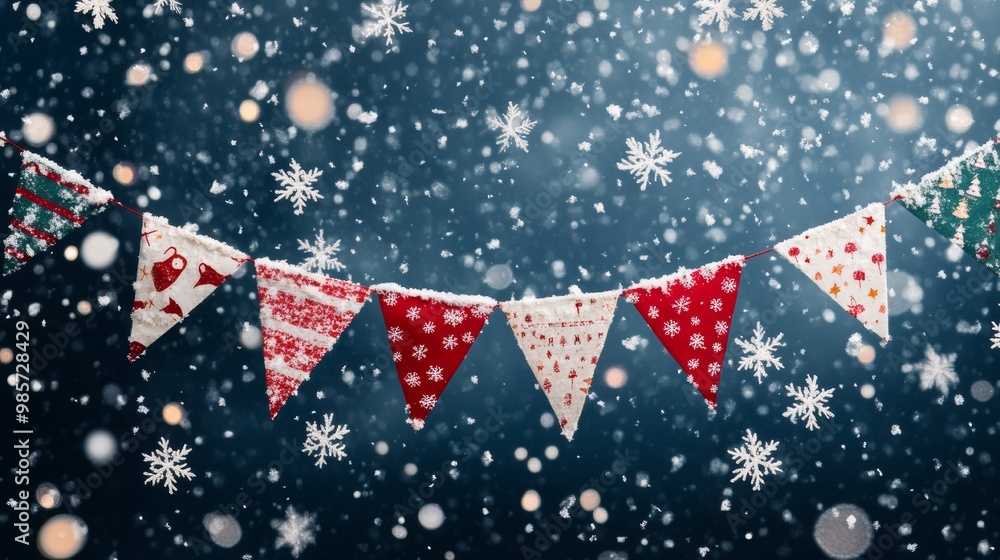 Fototapeta premium Christmas bunting with falling snow.