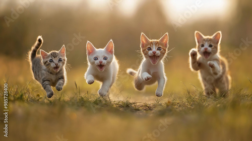 Adorable kittens running together, perfect for pet, animal, cute, and friendship-themed projects