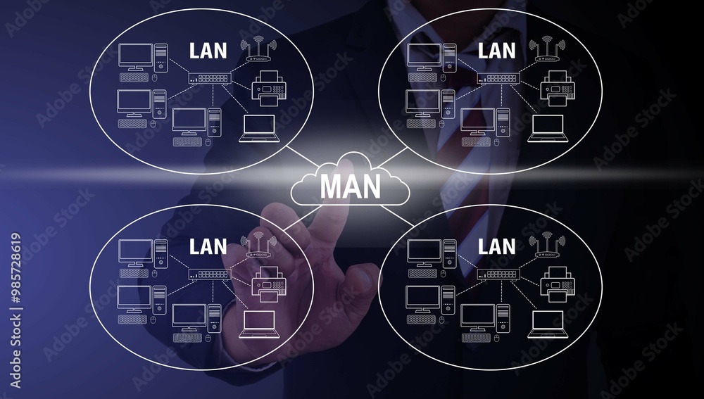 Businessman pointing on metropolitan area network (MAN) diagram for marketing Businessman pointing on metropolitan area network (MAN) diagram for marketing