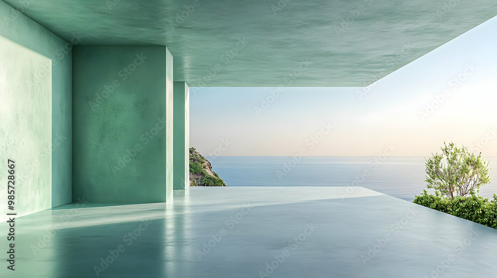Fototapeta premium Modern Minimalist Green Terrace with Ocean View 3D Illustration