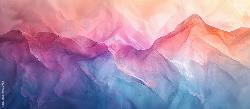 Obraz premium Breathtaking vibrant and ethereal mountainous landscape with a colorful gradient sky at sunset or sunrise This digital artwork evokes a sense of wonder and tranquility