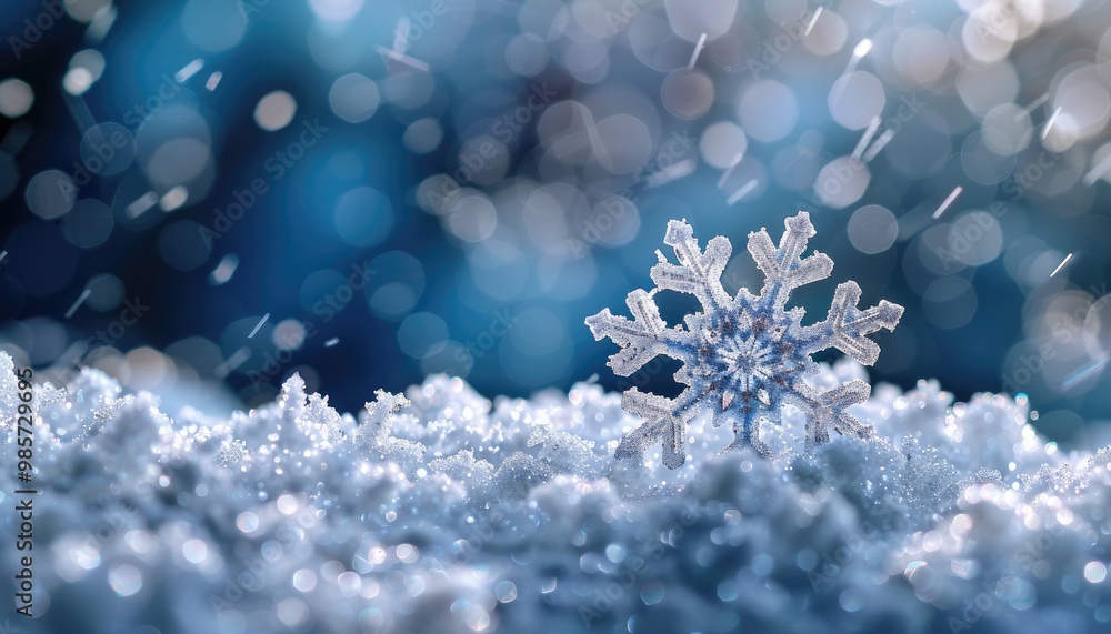A Single Snowflake Resting in Snow With A Blurred Blue Bokeh Background A Single Snowflake Resting in Snow With A Blurred Blue Bokeh Background