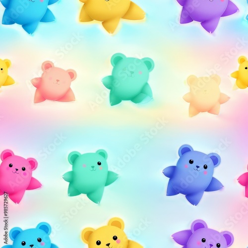 An adorable pattern of colorful bear characters on a soft pastel background. Each bear has a unique color and expression, creating a cheerful and playful design perfect for children's products and