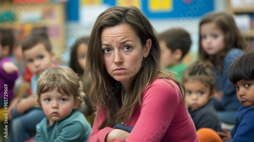 Overwhelmed Daycare Teacher Surrounded by Energetic Kids in Classroom