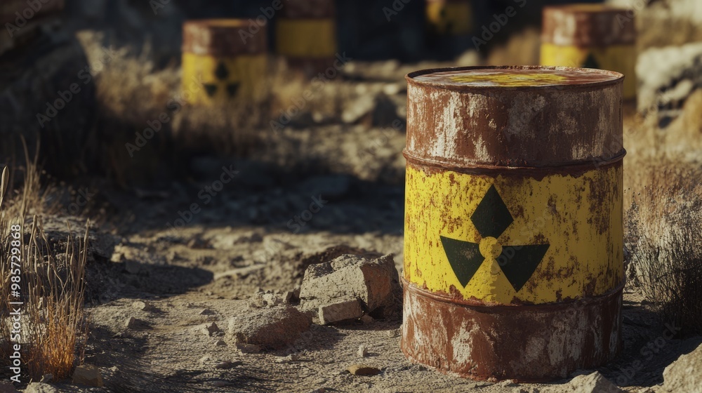 Radioactive Waste Barrels in a Desolate Landscape. Radioactive Waste Barrels in a Desolate Landscape.