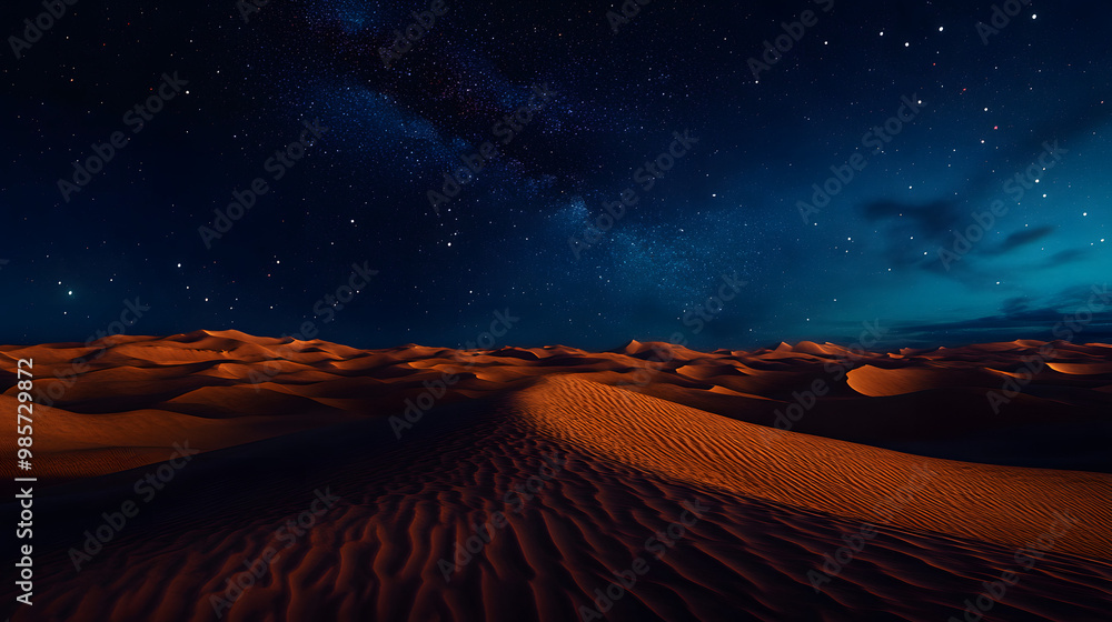Naklejka premium Sun-kissed dunes stretch towards a moonlit sky, a canvas of stars shimmering over a vast, dry desert landscape