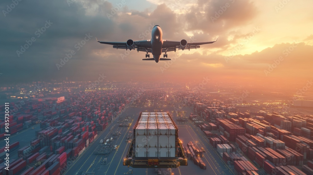 Airplane Taking Off Over Cargo Containers at Sunset. Airplane Taking Off Over Cargo Containers at Sunset.