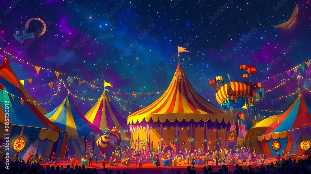 4D animated circus with colorful tents, acrobats, clowns, and a lively audience under a bright starry sky 4D animated circus with colorful tents, acrobats, clowns, and a lively audience under a bright starry sky