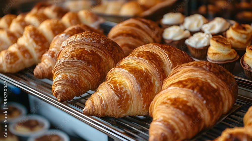 Verschiedene Croissants auf einer hölzernen Bäckereitheke mit unterschiedlichen Texturen und Formen Verschiedene Croissants auf einer hölzernen Bäckereitheke mit unterschiedlichen Texturen und Formen