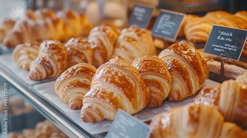 Verschiedene Croissants auf einer hölzernen Bäckereitheke mit unterschiedlichen Texturen und Formen photo