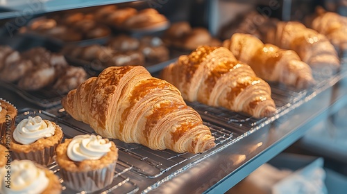 Verschiedene Croissants auf einer hölzernen Bäckereitheke mit unterschiedlichen Texturen und Formen photo