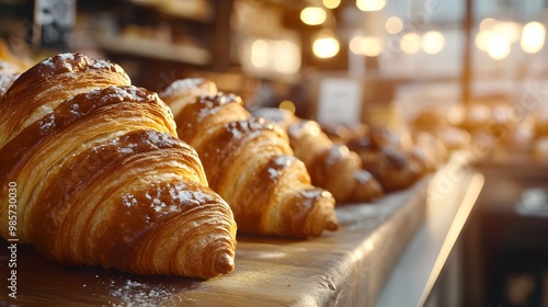 Verschiedene Croissants auf einer hölzernen Bäckereitheke mit unterschiedlichen Texturen und Formen photo