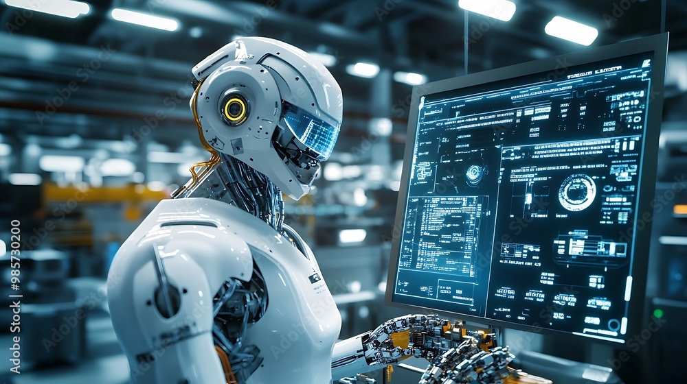4D animated robot assembling parts in a futuristic factory, with holographic screens and machinery in the background 4D animated robot assembling parts in a futuristic factory, with holographic screens and machinery in the background