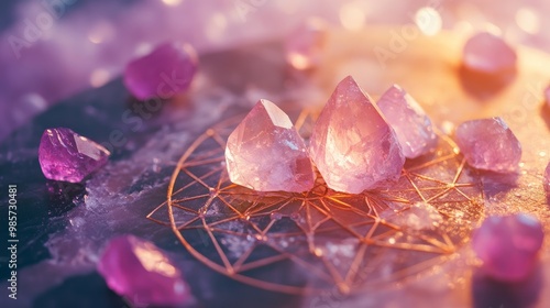 a close-up of a rose quartz crystal and sacred geometry crystal grid for self-love and self-healing.