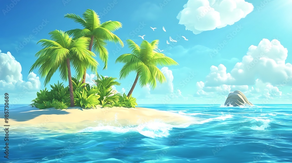 Cartoon-style island paradise with palm trees, animated waves, and a relaxing tropical vibe Cartoon-style island paradise with palm trees, animated waves, and a relaxing tropical vibe