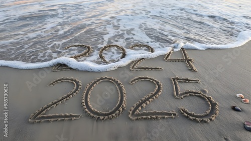 New Year 2025 concept photo. Numbers 2024 written on sandy beach with blue ocean wave on background,  Happy New Year concept, 2025 text in sea. photo