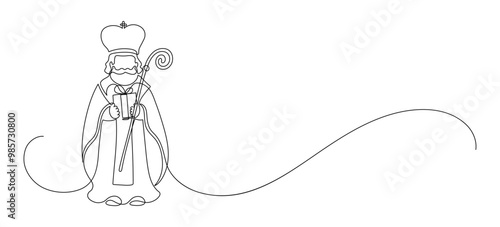Happy Saint Nicholas Day. St. Nicolas in Orthodox hat holding gift. Continuous line drawing. Winter holiday.