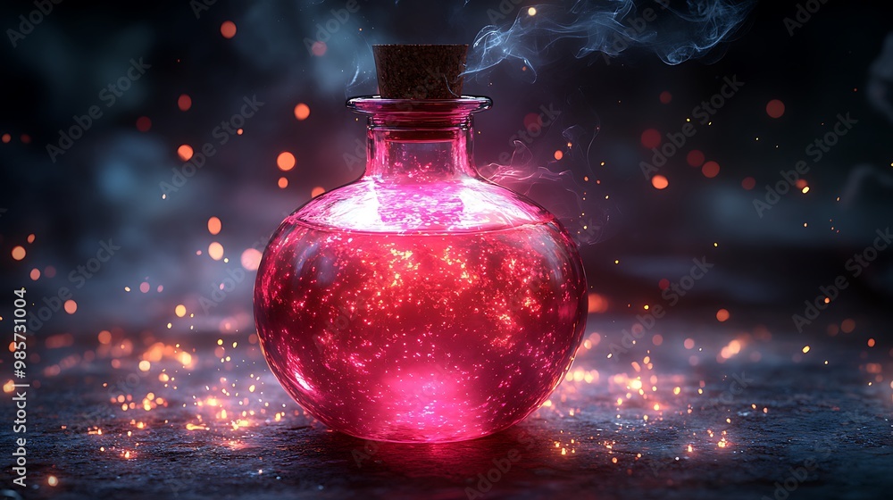 A glass bottle filled with glowing pink liquid, smoke and sparks in the background. A glass bottle filled with glowing pink liquid, smoke and sparks in the background.