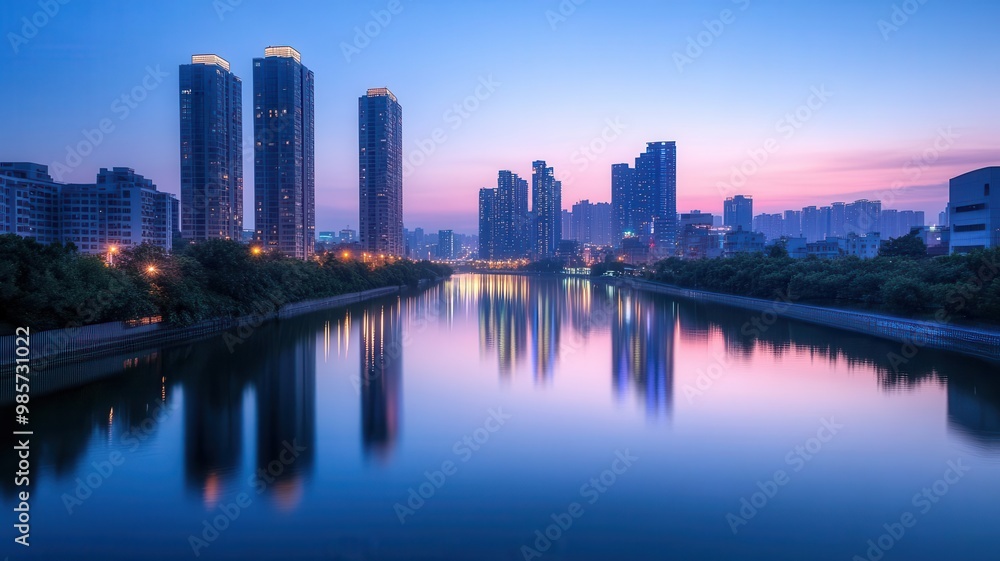 Obraz premium City skyline at dusk with glowing skyscrapers reflecting on a calm river, urban glowtime, serene and modern