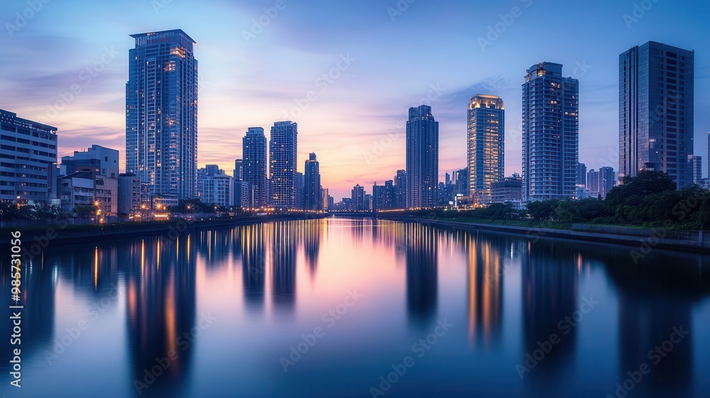 City skyline at dusk with glowing skyscrapers reflecting on a calm river, urban glowtime, serene and modern City skyline at dusk with glowing skyscrapers reflecting on a calm river, urban glowtime, serene and modern
