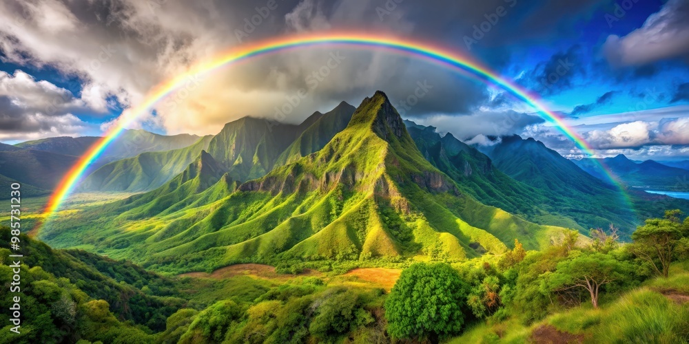 Obraz premium Scenic hike in Hawaii with a vibrant rainbow and majestic mountains in the background