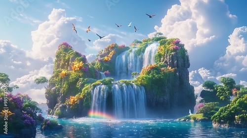 Whimsical 4D animation of a magical floating island with rainbow waterfalls and animated birds flying around 
