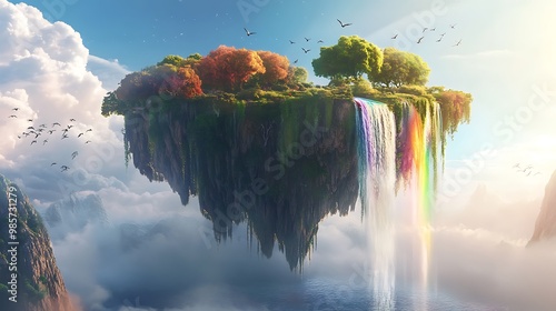 Whimsical 4D animation of a magical floating island with rainbow waterfalls and animated birds flying around 