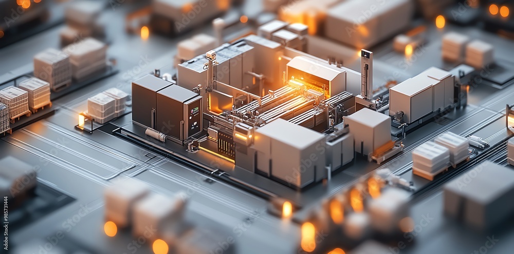 A futuristic automated factory with a conveyor belt system, glowing lights, and rows of boxes. A futuristic automated factory with a conveyor belt system, glowing lights, and rows of boxes.