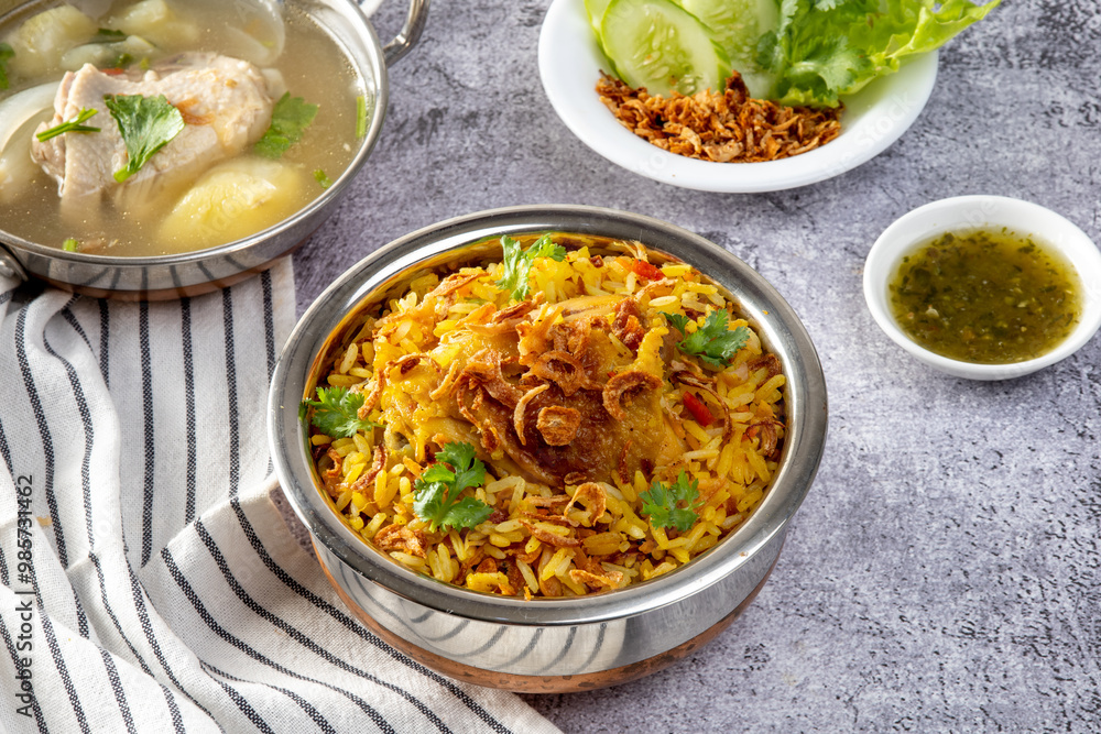 Chicken biryani in Bowl served on a table Chicken biryani in Bowl served on a table