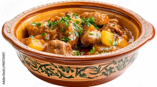 Traditional Tiroler Grostl with Meat and Potatoes in a Rustic Bowl. photo