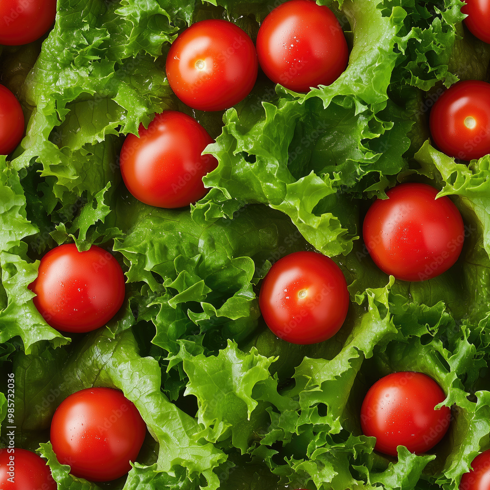 seamless, pattern of Green lettuce leaves, very small tomatoes seamless, pattern of Green lettuce leaves, very small tomatoes