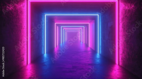 A long corridor with glowing pink and blue neon lights, with a concrete floor and walls.