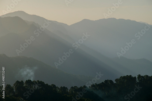 Himalayas mountain range, Spectacular and Mesmerizing landscape, view of the mystical land of Kumaun, near Munsiyari, Pithoragarh, Uttarakhand, India. Background, cover, copy space, soft focus photo