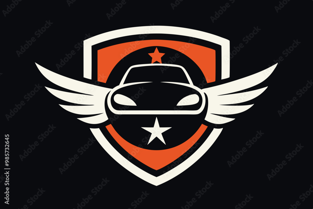 a vector illustration of a logo featuring a stylized car within a shield emblem, accented by a prominent star and dynamic wing elements, incorporating bold contrasting colors and space for comp a vector illustration of a logo featuring a stylized car within a shield emblem, accented by a prominent star and dynamic wing elements, incorporating bold contrasting colors and space for comp