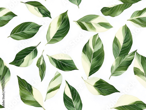 A painting of green leaves with white veins