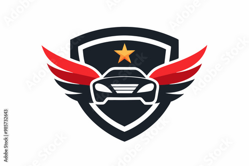  a vector illustration of a logo featuring a stylized car within a shield emblem, accented by a prominent star and dynamic wing elements, incorporating bold contrasting colors and space for comp