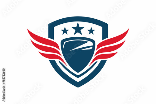  a vector illustration of a logo featuring a stylized car within a shield emblem, accented by a prominent star and dynamic wing elements, incorporating bold contrasting colors and space for comp