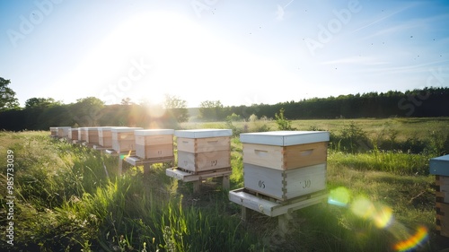 A field of beehives sits amongst tall grass and wildflowers in a sunny meadow with a forest backdrop, The beehives in scenic fields, bee hives in the field. photo