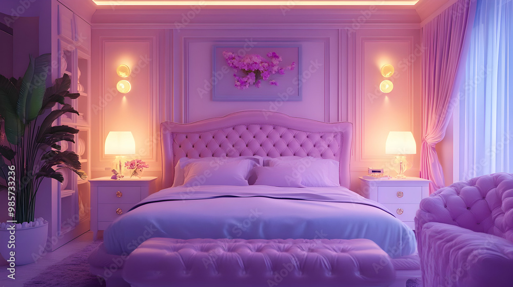 Purple Bedroom Interior Design 3D Render
