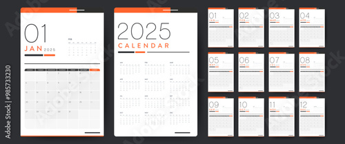 Calendar template 2025 creative minimal business monthly. Desk, wall calendar for print, digital calendar or planner. Week start on Monday. Simple modern annual calendar layout design element. Vector.