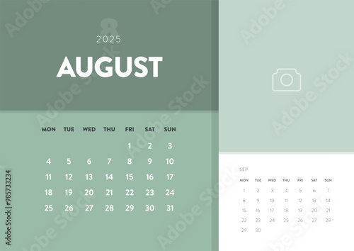 Calendar August 2025 template vector. Desk, wall calender for print, digital planner. Week start on Monday. Annual holiday calendar layout design elements. Creative business monthly calendar. Monthly.