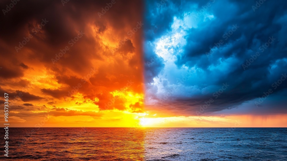 A horizon where one side is lit by a bright sunrise (positive outlook) and the other shrouded in storm clouds (negative outlook) A horizon where one side is lit by a bright sunrise (positive outlook) and the other shrouded in storm clouds (negative outlook)