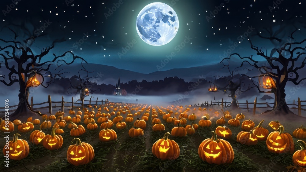 A glowing pumpkin patch under a full moon, with eerie jack-o'-lanterns ...