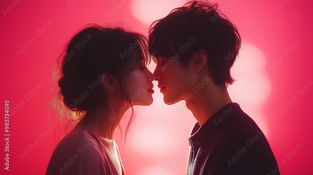 Young beautiful asian in love couple kissing on pink plain background Young beautiful asian in love couple kissing on pink plain background