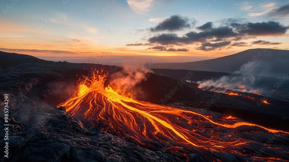 Glowing lava flowing from a volcano at dusk, capturing nature s raw power, volcanic glowtime, intense and dramatic Glowing lava flowing from a volcano at dusk, capturing nature s raw power, volcanic glowtime, intense and dramatic