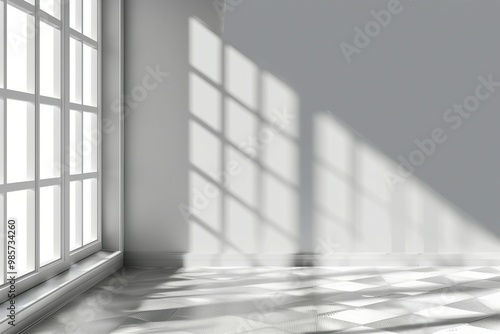 A white room with a window and a tiled floor