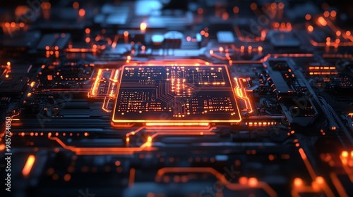 A glowing orange circuit board with a central processor, showcasing a futuristic digital landscape.